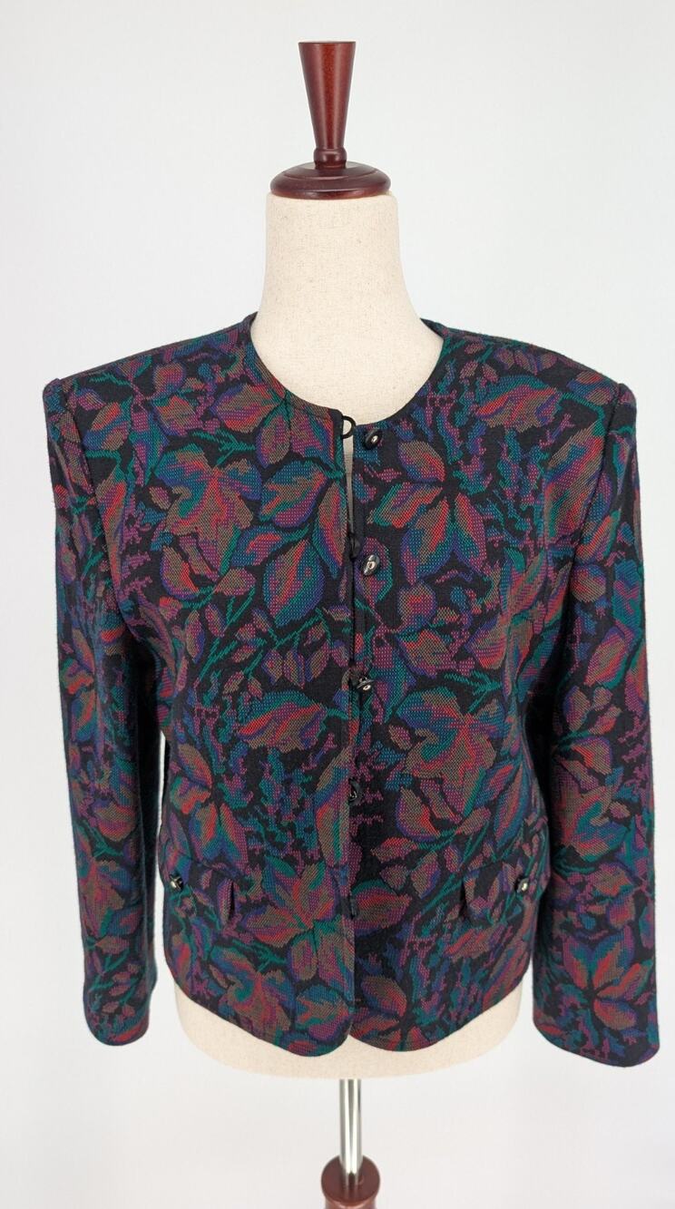 Vintage Henry Lee Leaf Tapestry Blazer Jacket Women 12 Petite Retro Artsy Fall